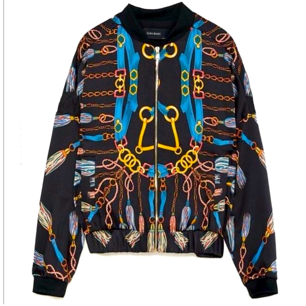 Scarf Chain & Tassel Baroque Print Bomber Jacket
